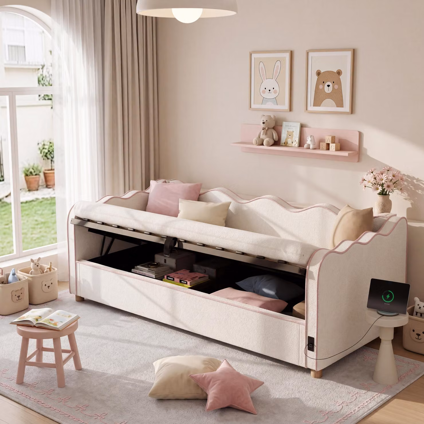 Divano letto idraulico Flieks 90x200 cm con contenitore, letto per ragazzi con porta USB e Type-C, divano letto con schienale, bouclé, beige
