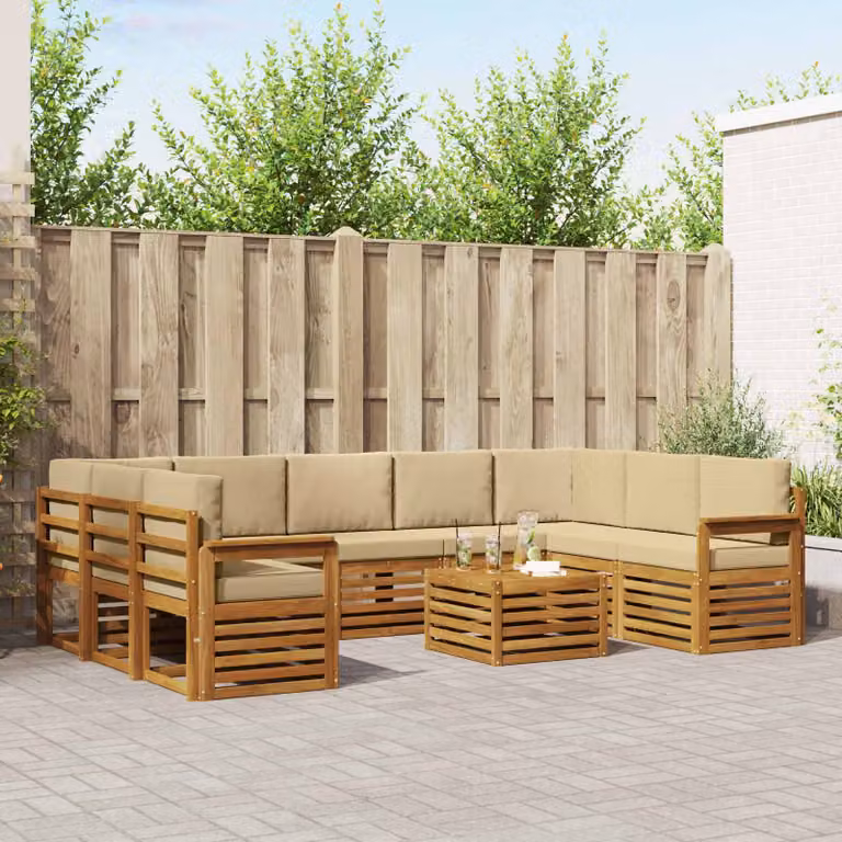 Set di divani da esterno vidaXL a forma di L in legno di acacia con cuscini e tavolino, 10 pezzi, Beige e Marrone