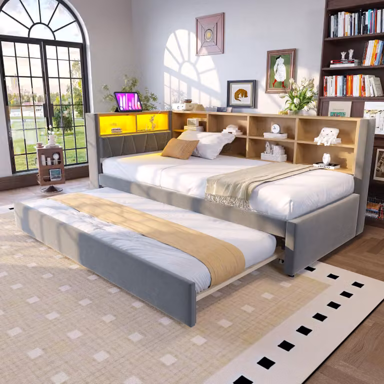 Divano letto Sweiko 90x200, letto estraibile 90x190, dotato di luci LED, prese e numerosi vani portaoggetti, letto imbottito, divano letto multifunzionale, letto singolo, flanella, grigio scuro.