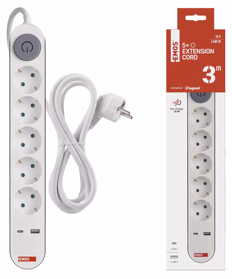Presa di corrente EMOS a 5 pieghe con ricarica rapida USB e interruttore per interni, montaggio a parete, 5x prese di corrente, 1x USB C, 1x USB A, cavo da 3 m, bianco, P1523PD