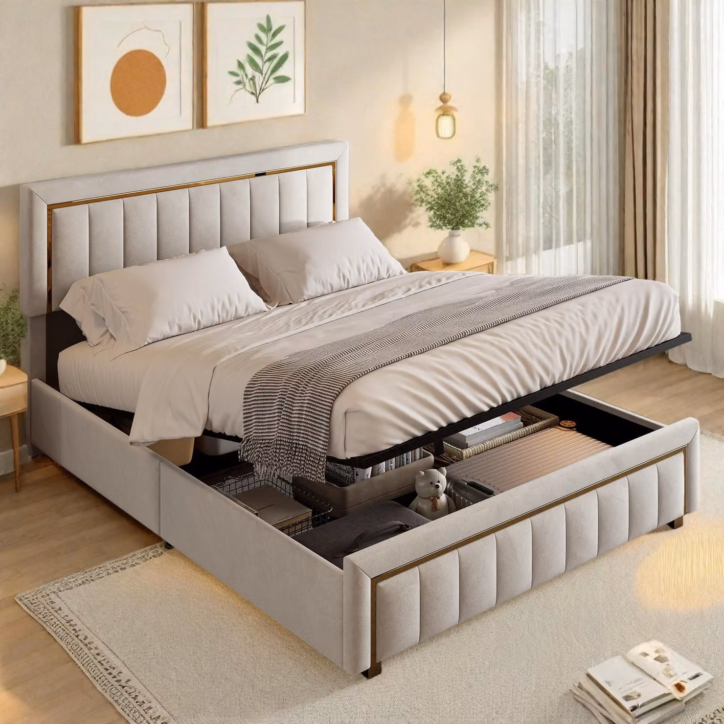 Letto matrimoniale Boxspring 160x200 con contenitore e rete a molle, letto imbottito con poggiatesta regolabile, struttura del letto matrimoniale in velluto beige, senza materasso