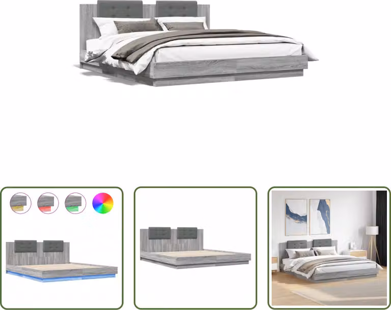 The Living Store Struttura letto con testiera e luci LED Grigio Sonoma 160x200cm