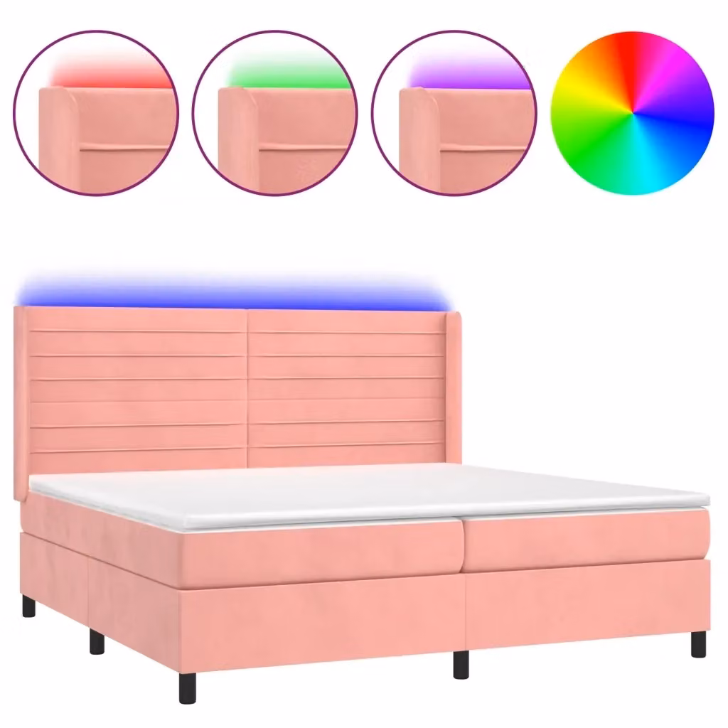 Letto Ibrido vidaXL con Materasso a Molle a Tasche, Illuminazione LED Sotto il Letto e Porte USB, Velluto Rosa, L/P: 200 x 200 cm – 2