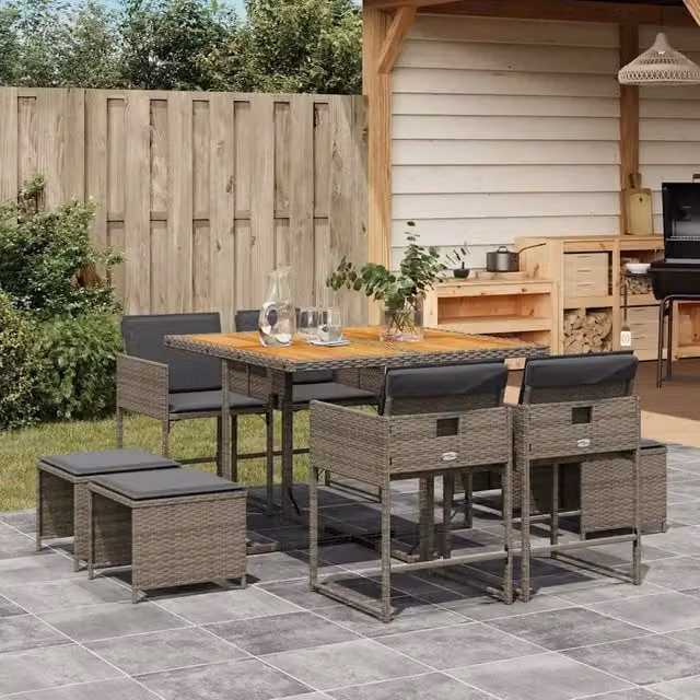 Set da pranzo da giardino vidaXL in polyrattan e legno di acacia con 9 pezzi, colore grigio e marrone