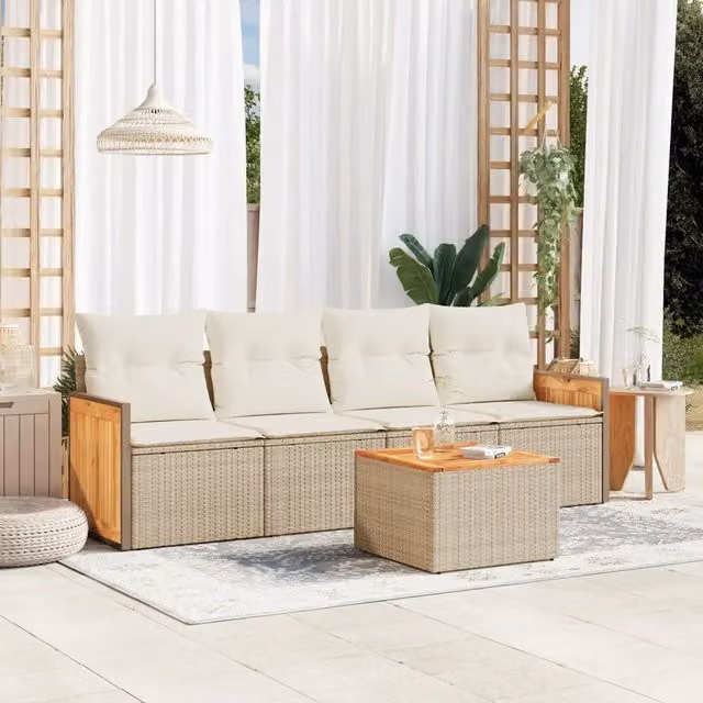 Set da giardino moderno vidaXL composto da 5 pezzi con divano a 3 posti, poltrone, tavolino da caffè e cuscini beige con coperture rimovibili