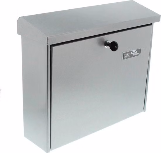Postbus Point cassetta delle lettere da parete in acciaio inossidabile argento con targhetta, stop di apertura e 2 chiavi, H: 37,7 cm, L: 32,0 cm, P: 11,5 cm