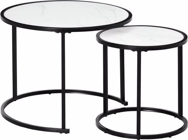 Set di 2 tavolini da salotto rotondi impilabili HOMCOM con effetto marmo bianco e struttura in metallo
