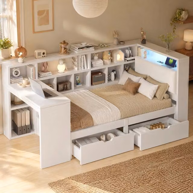 Letto a piattaforma L 90x200 con scrivania; libreria; LED e USB; bianco