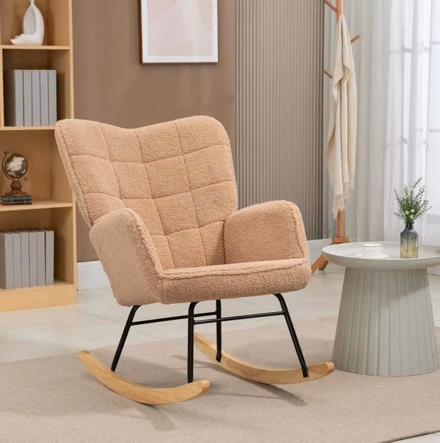 Sedia a dondolo moderna con schienale trapuntato in tessuto beige e marrone, L: 98 cm, P: 71 cm, H: 101 cm
