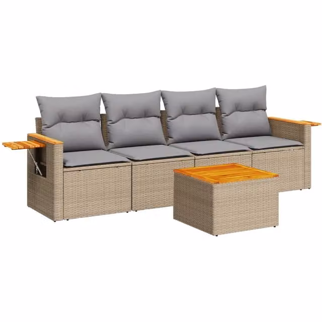 Set Divano da Giardino 5 pz | Set Salotto da Giardino con Cuscini Beige in Polyrattan