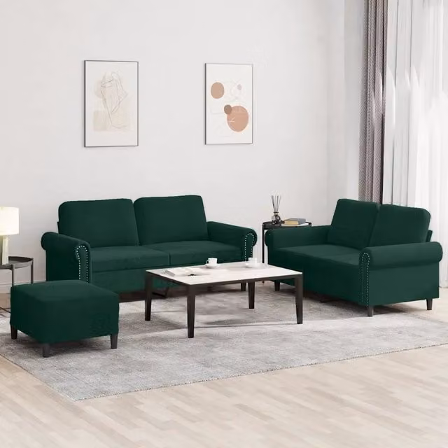 Set di divani 3 pezzi vidaXL in velluto verde con cuscini per soggiorno in stile moderno – 1