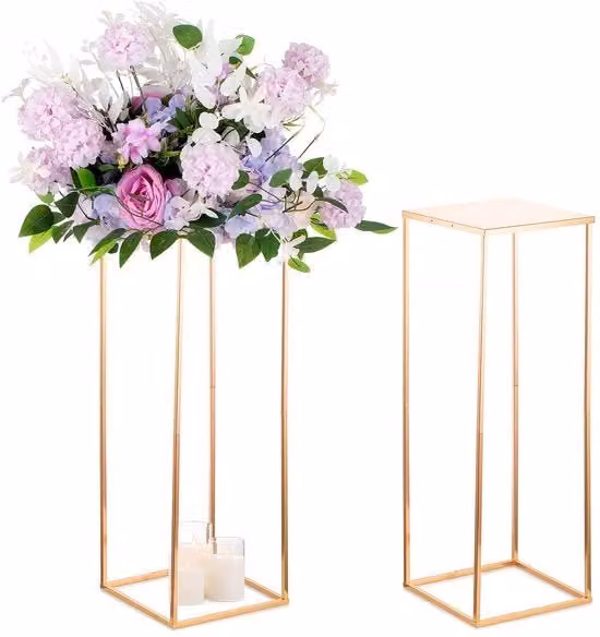 Vasi rettangolari metallici dorati in oro da 60 cm, coppia di stazioni per fiori con alta vetrina per fiori, grandi vasi per feste di matrimonio - 2 pezzi