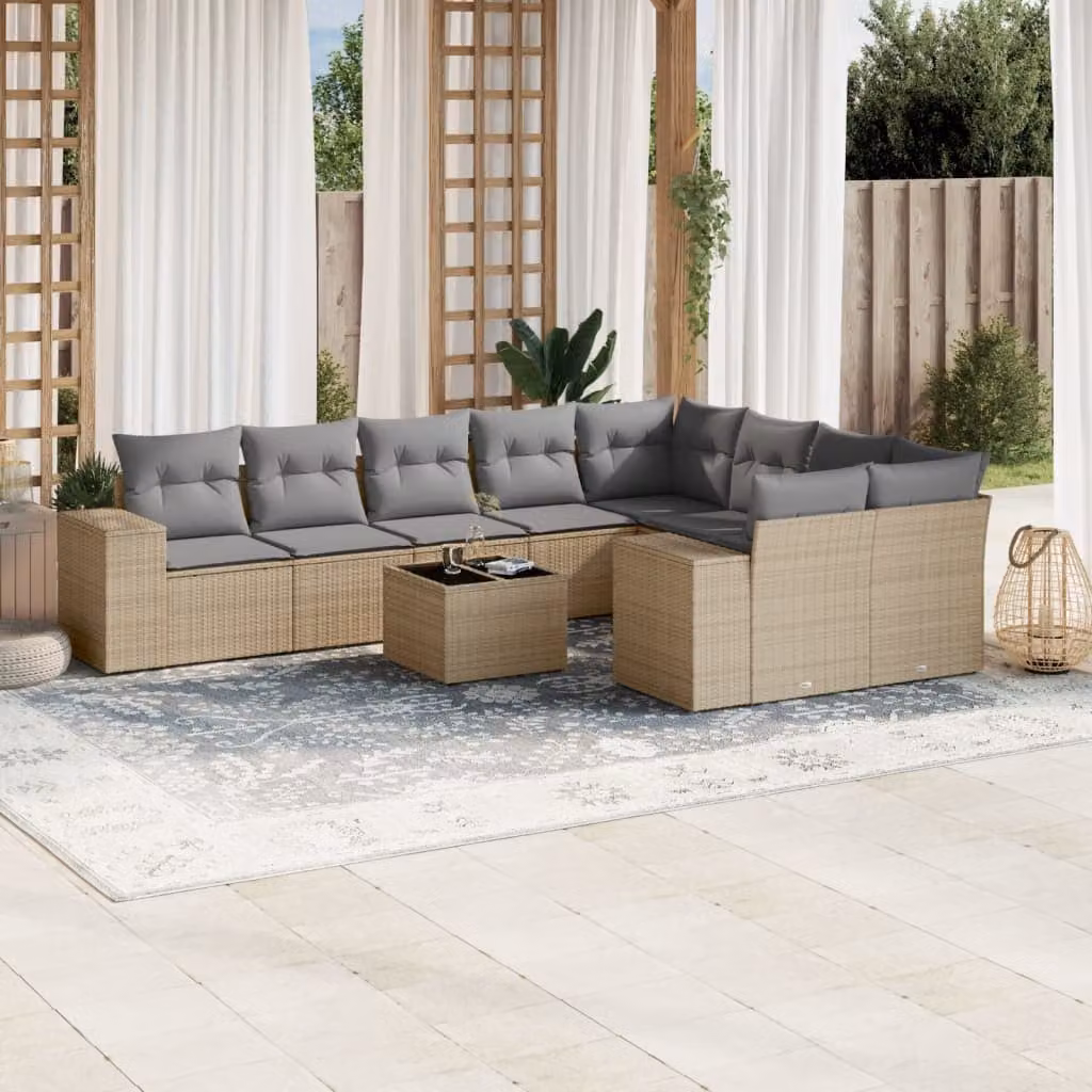 vidaXL Set Divano da Giardino 10 pz in Polyrattan con Cuscini Beige e Tavolino da Esterno – 1