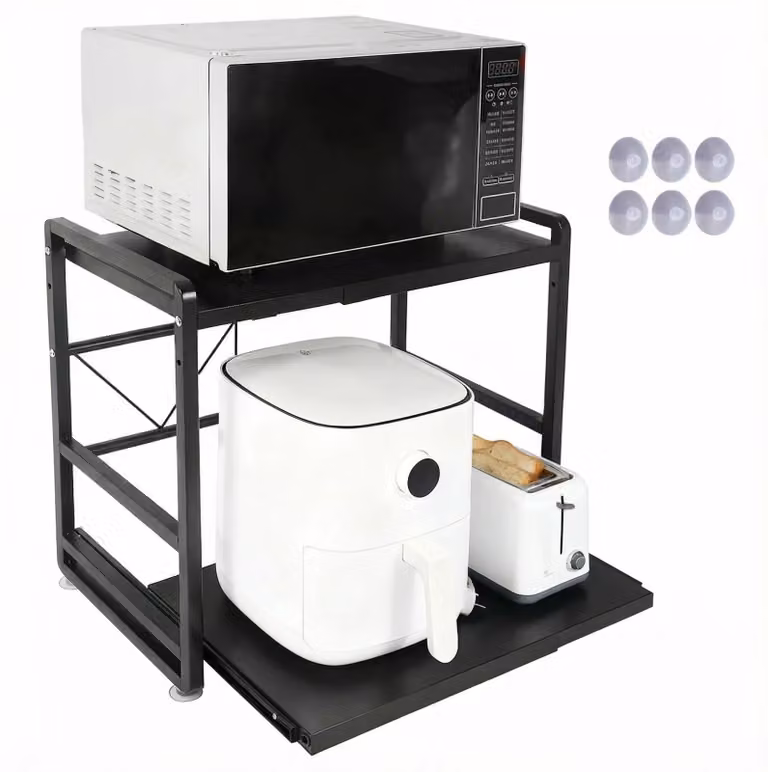 Scaffale da cucina - Scaffale per microonde - Regolabile in altezza - Estraibile - Ventose rinforzate - Facile da montare - Ferro e plastica PP - Nero