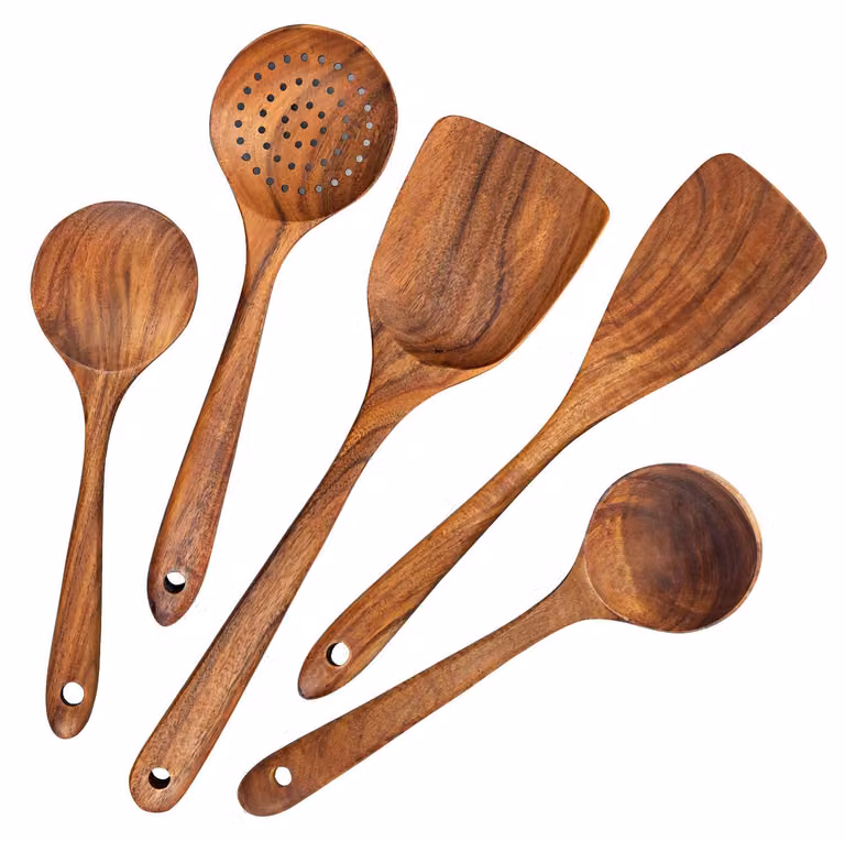 Omgoods - Set di 5 utensili da cucina in legno resistenti al calore - Antibatterici e sicuri