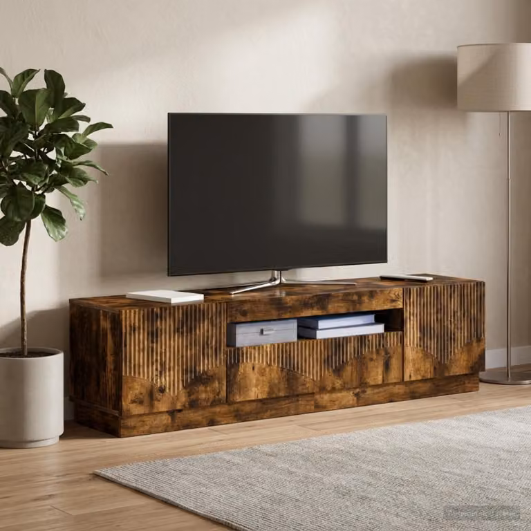 Mobile TV LED vidaXL in Rovere Fumo, con illuminazione integrata e scomparti multimediali, L/P/H: 153 x 40 x 35 cm