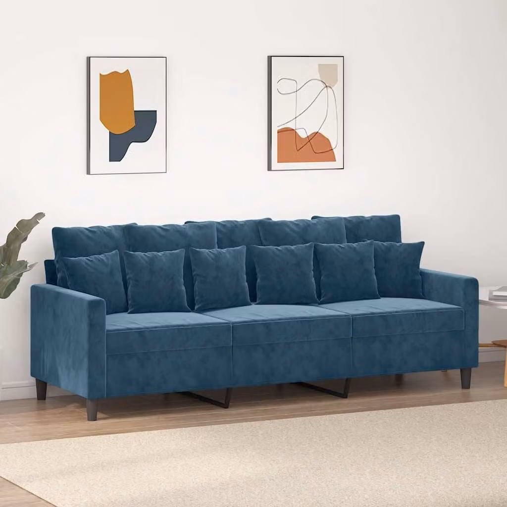 vidaXL Divano a 3 Posti Moderno in Velluto Blu con Struttura in Metallo L: 198 cm, P: 80 cm, H: 77 cm