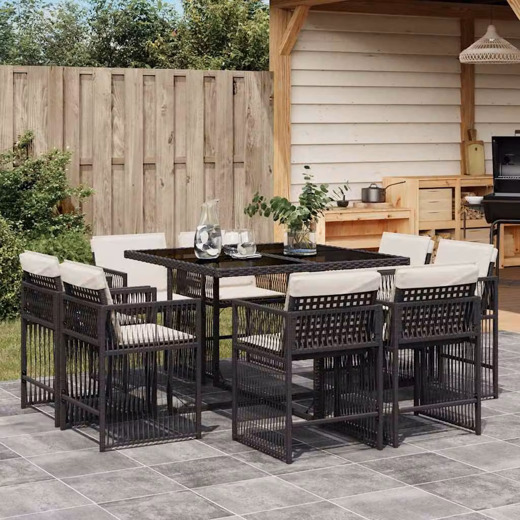 Set da pranzo da giardino vidaXL in polyrattan nero con cuscini e piano in vetro per 9 persone – 1