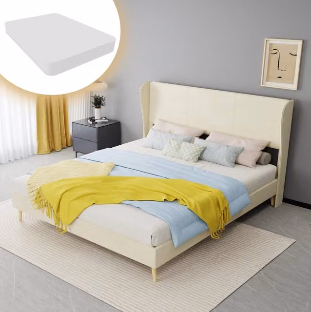 Letto matrimoniale 160x200 cm con testiera imbottita e schienale in tessuto; beige