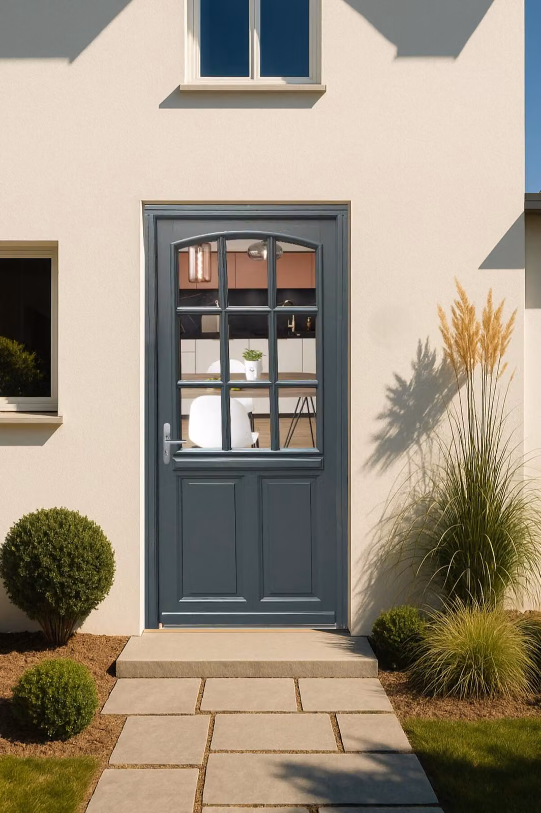 Porta d'ingresso in legno con vetrata Alexa grigio antracite, H.215xL.80 cm, lato pannello dritto, maniglia, cilindro GD MENUISERIES