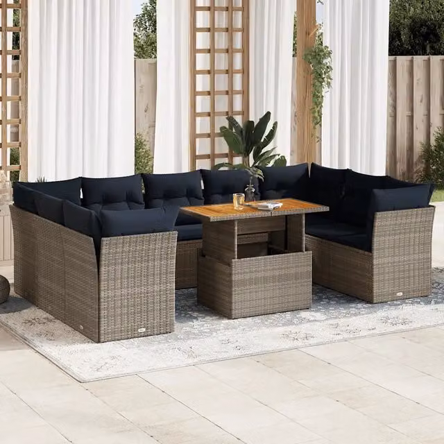 Set Divano da Giardino 10 pz con Cuscini Grigio in Polyrattan 3326973