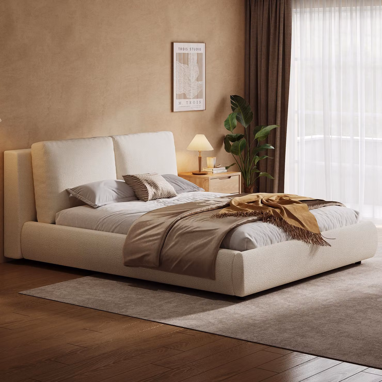 Letto imbottito 180 x 200 cm con rivestimento in tessuto bouclé e rete a listelli – Letto matrimoniale con imbottitura di 12 cm nella testiera e schienale inclinato, struttura del letto color beige