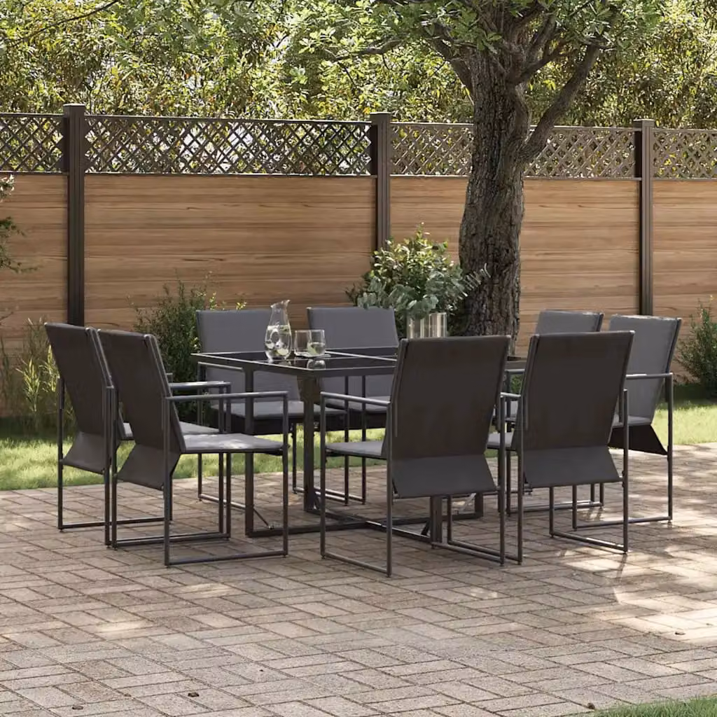 Set da pranzo moderno vidaXL per giardino e terrazzo in acciaio verniciato nero e vetro, 9 pezzi