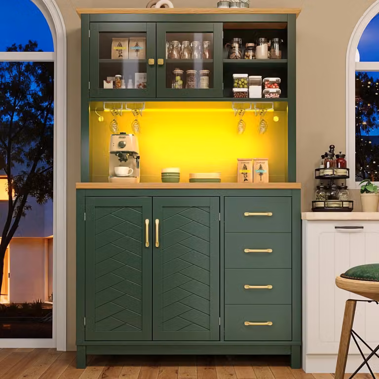 Mobiletto laterale, pensile da cucina, mobiletto per buffet, stile rustico, verde, 4 ante, barra luminosa a LED, portabottiglie