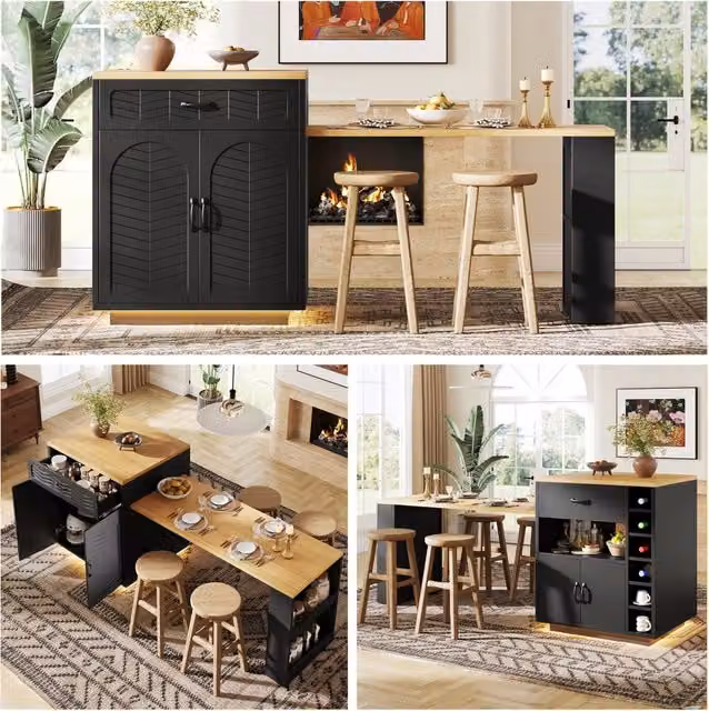 Isola cucina con LED - Zephmum- Con tavolo estraibile, 2 cassetti, 4 ante, Nero/Bianco
