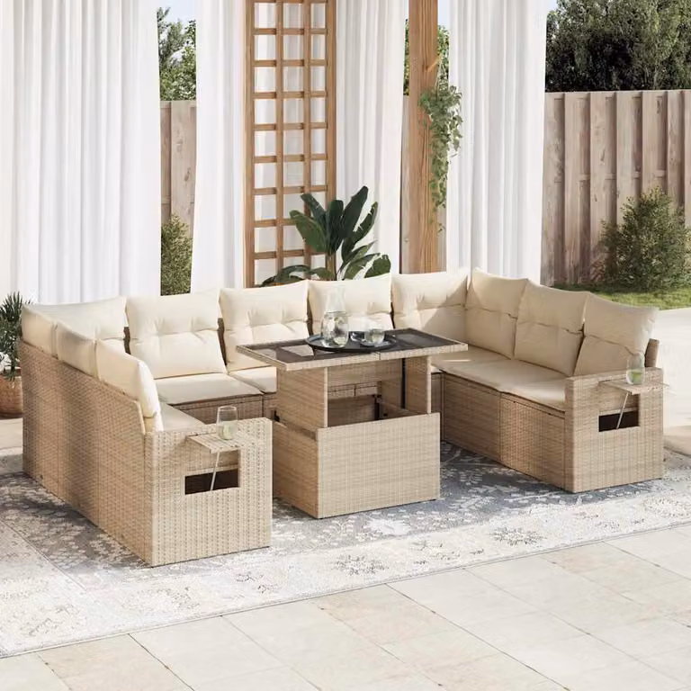 Set Divano da Giardino vidaXL 10 Pezzi a Forma di L con Cuscini Beige e Tavolino in Polyrattan e Metallo