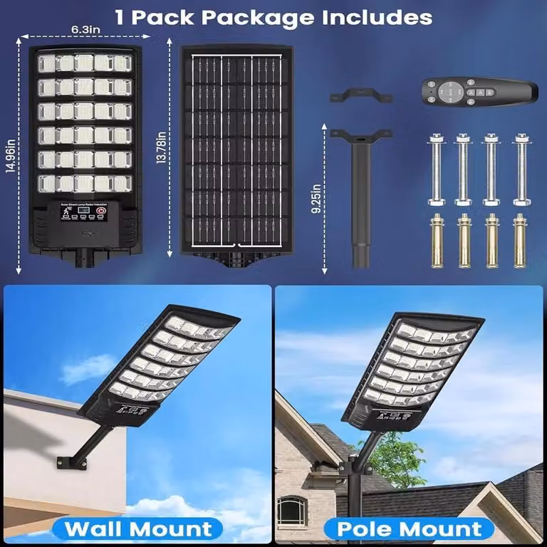 Lampada solare - Lampione a LED - Modello grande - Confezione da 1 - 5 metri - Sensore di luminosità - Regolabile - Grado di protezione IP65
