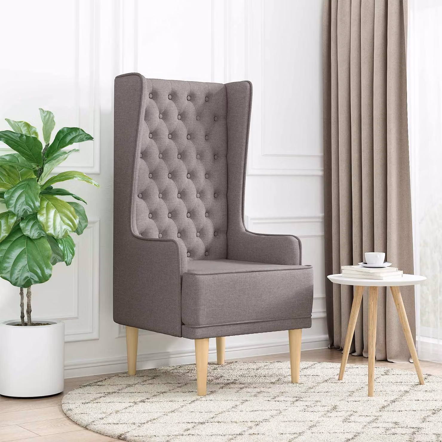 Sedia a schienale alto stile Chesterfield vidaXL in tessuto Tortora con dettagli trapuntati a bottoni
