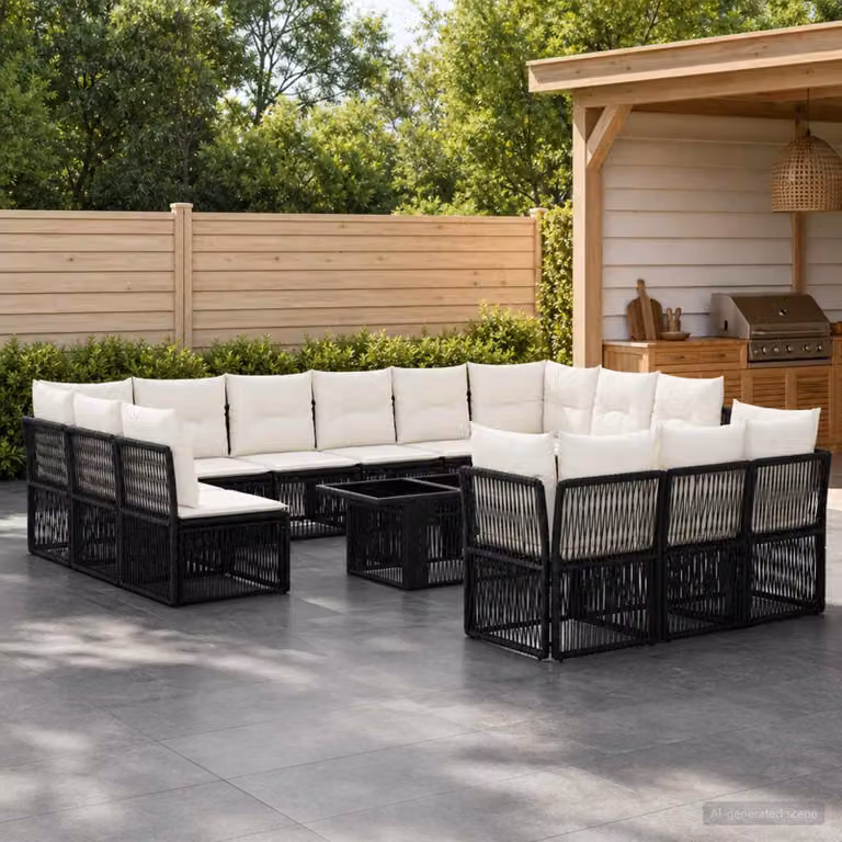 Set Divano da Giardino vidaXL 14 pz Nero con Tavolino e Cuscini in Polyrattan e Acciaio