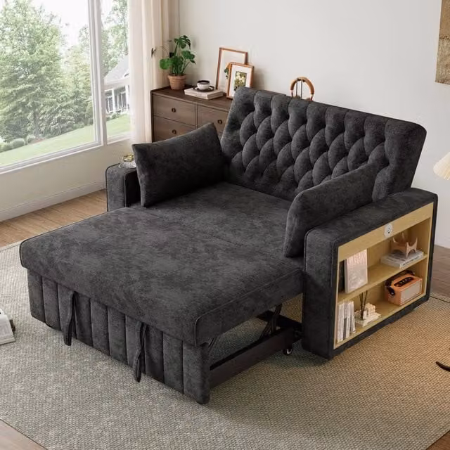 Divano letto 2 posti 140x137 cm in ciniglia grigia con schienale regolabile e USB HOMVRA