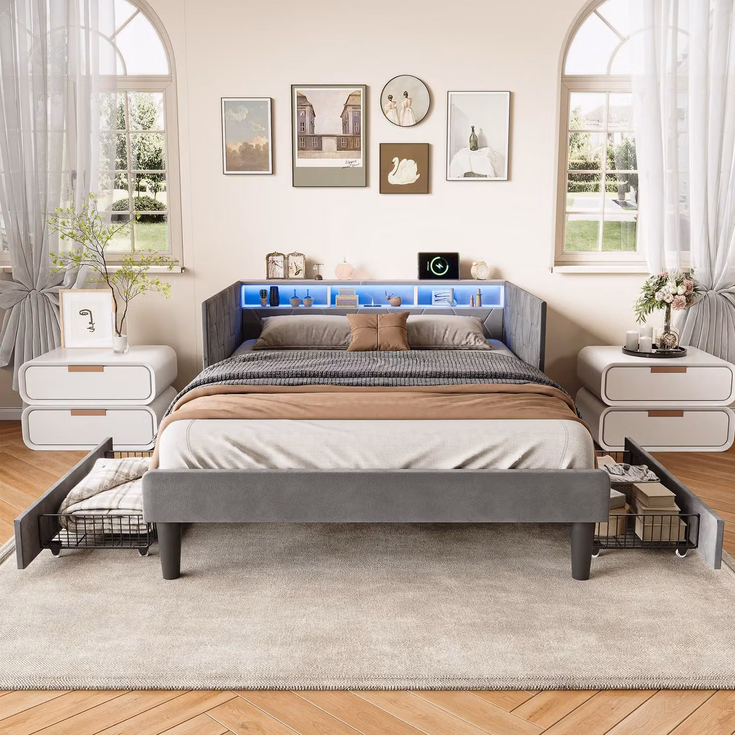 Letto matrimoniale 140 x 200 cm con 2 cassetti, testiera LED e vano contenitore, porta USB e porta di ricarica tipo C, rete a doghe, velluto, grigio