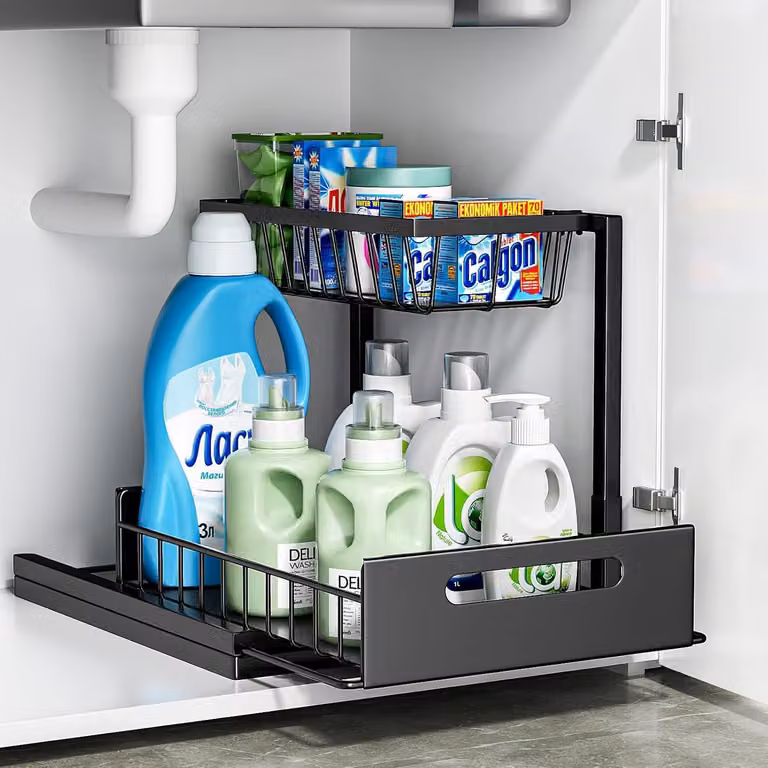Organizzatore per lavello, 2 ripiani, estraibile, in metallo, nero, per la cucina