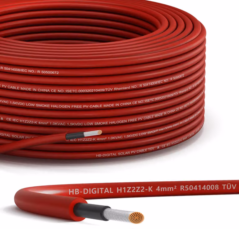 Cavo solare da 5 m H1Z2Z2-K, 4 mm², cavo fotovoltaico per impianti fotovoltaici, rosso