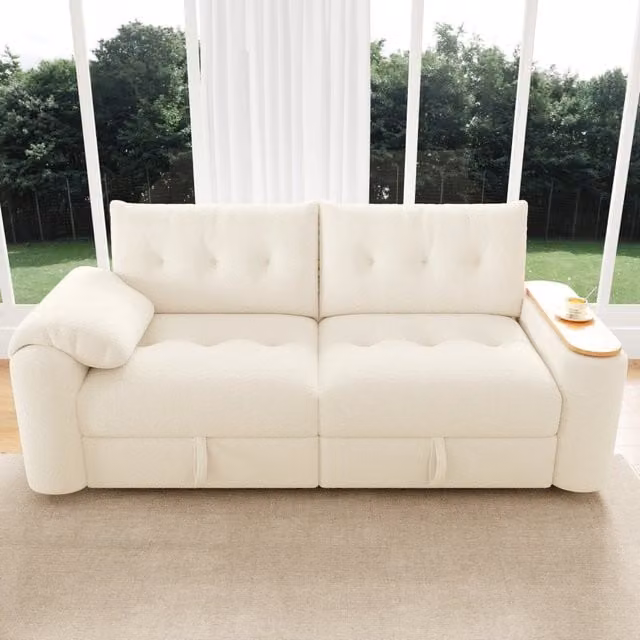 Divano modulare in teddy beige con contenitore; poggiatesta e tavolino girevole; 207;5 x 80 x 87 cm