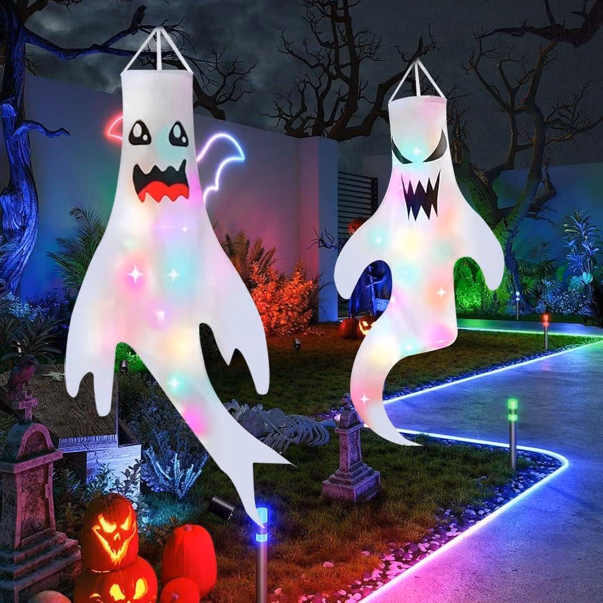 2 lanterne a forma di zucca per Halloween, alte 120 cm, con catena luminosa a LED, e 1 fantasma decorativo