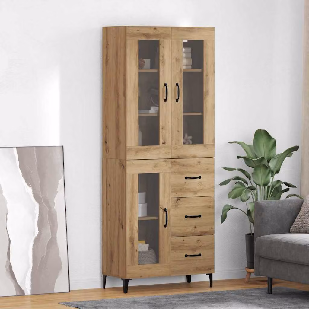Credenza moderna vidaXL in legno rovere con ante in vetro, marrone e nero, L/P/H: 69,5 x 34 x 180 cm