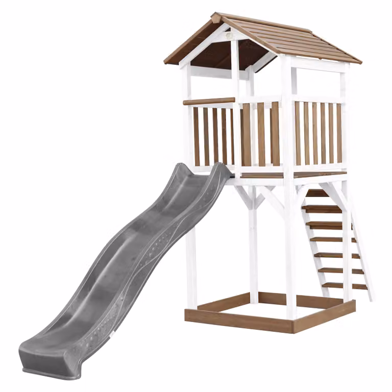 AXI Beach Tower parco giochi in legno in marrone e bianco | Torre di gioco per bambini con sabbiera e scivolo grigio | Casa per bambini su palafitte per il giardino