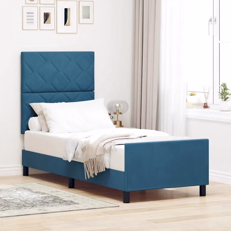 Letto a molle con testiera vidaXL in velluto blu con struttura in legno, L 80 x P 200 cm