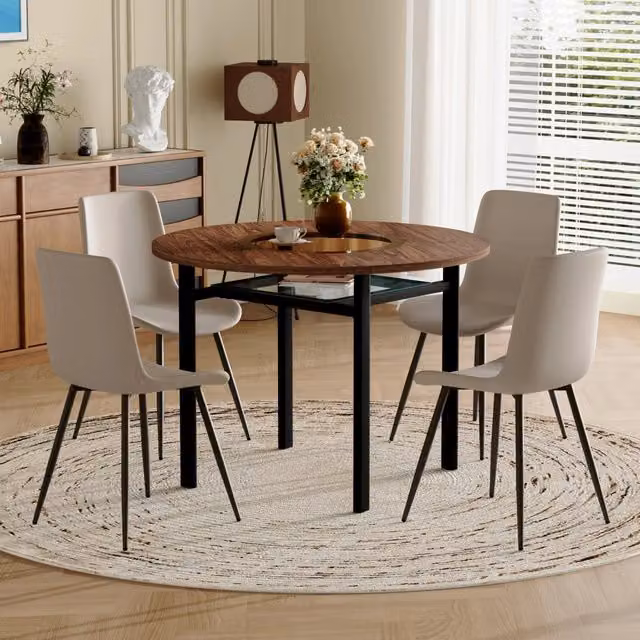Set tavolo rotondo moderno 100 cm effetto legno marrone con vano portaoggetti e 4 sedie in PU grigio caldo, per sala da pranzo