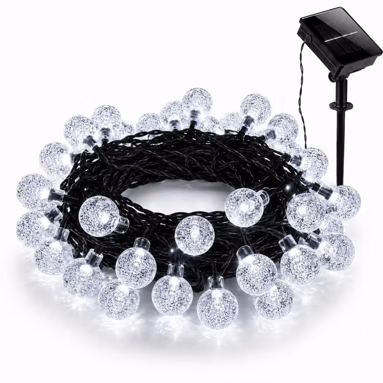 Catena luminosa solare da esterno, 5 metri, 20 LED, sfere di cristallo, 2 modalità, luce bianca fredda, accensione/spegnimento automatico, ideale per decorare giardino, terrazza, balcone, per Natale o per feste