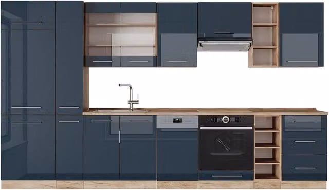 Cucina componibile moderna Fame-Line Vicco Blu scuro lucido e Rovere dorato L: 355 cm