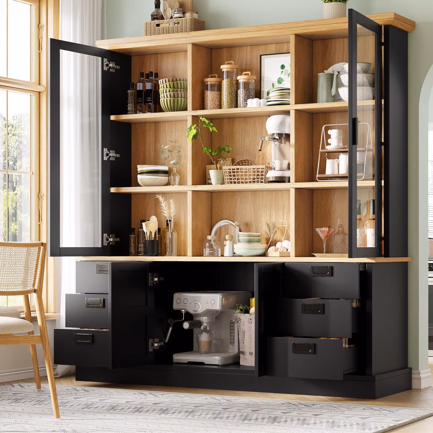 okwish Armadio alto da cucina con 6 cassetti grandi e 2 ante in vetro, mobile contenitore, vetrina con spazio aperto e sistema di sicurezza anti-ribaltamento, grande capacità, colore nero