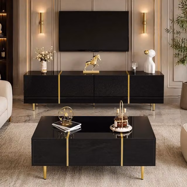 Set soggiorno moderno con mobile TV e tavolino; finitura nero lucido; MDF; nero