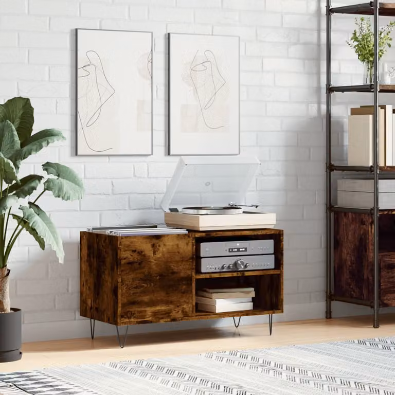 vidaXL Mobile Porta Dischi in Legno Multistrato e Metallo, Rovere Fumo, L 85 cm x P 38 cm x H 48 cm