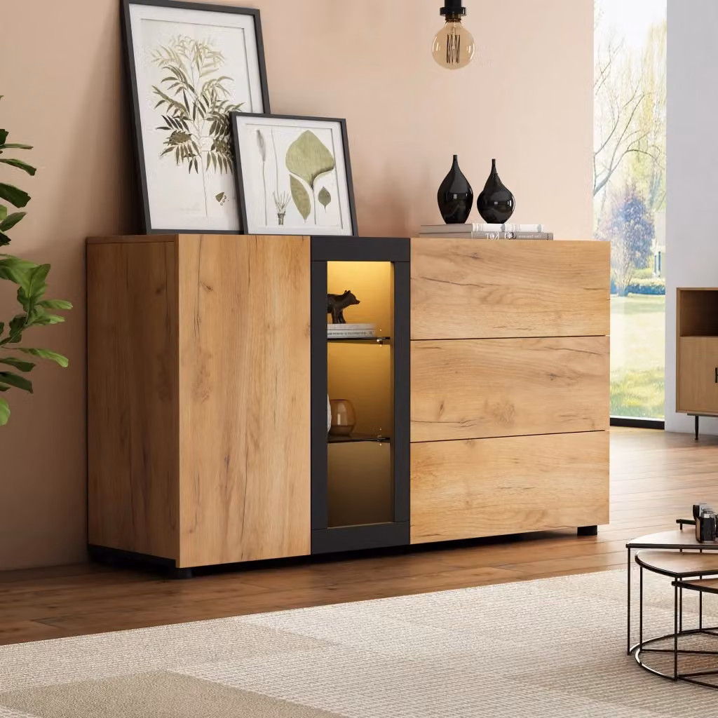 Credenza Moderna con Luci LED Nero e Marrone con Ripiani in Vetro L: 140 cm – 2