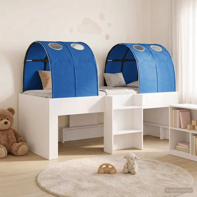 vidaXL Letto con Tunnel in Legno Ingegnerizzato e Tessuto, Bianco e Blu, L: 120 cm, P: 203 cm, H: 101 cm